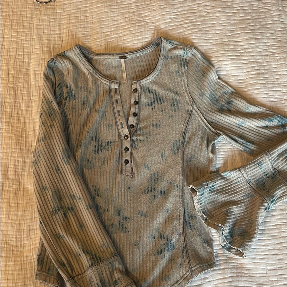 Free People Blue and Gray Patterned Blouse